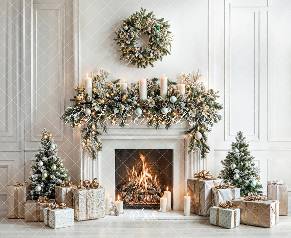 Kate Christmas White Fireplace Gifts Wreath Backdrop Designed by Emetselch -UK