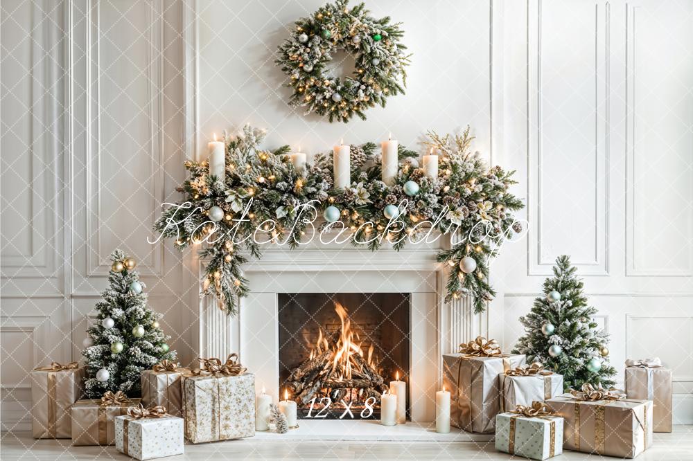 Kate Christmas White Fireplace Gifts Wreath Backdrop Designed by Emetselch -UK