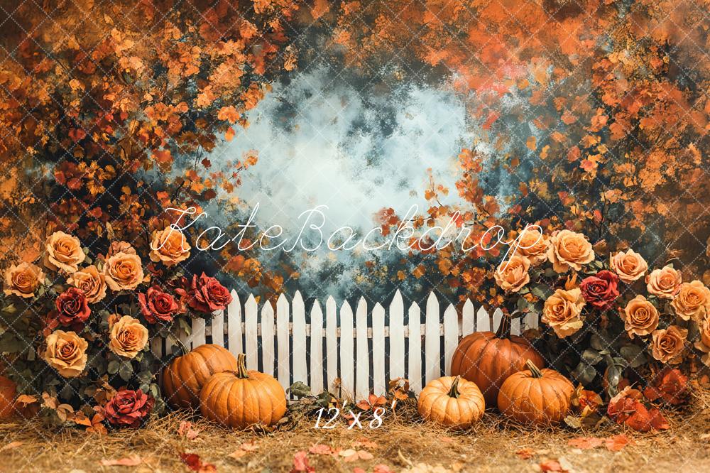 Kate Autumn Pumpkin Rose Garden Fence Backdrop Designed by Emetselch -UK