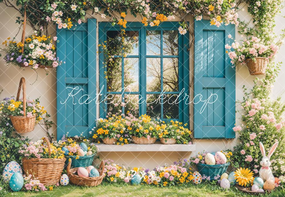 Lightning Deals Kate Easter Bunny Floral Blue Window Backdrop Designed by Emetselch -UK