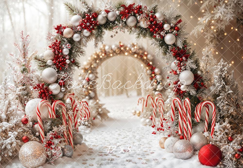 Kate Christmas Candy Cane Arch Snow Fleece Backdrop Designed by Emetselch -UK