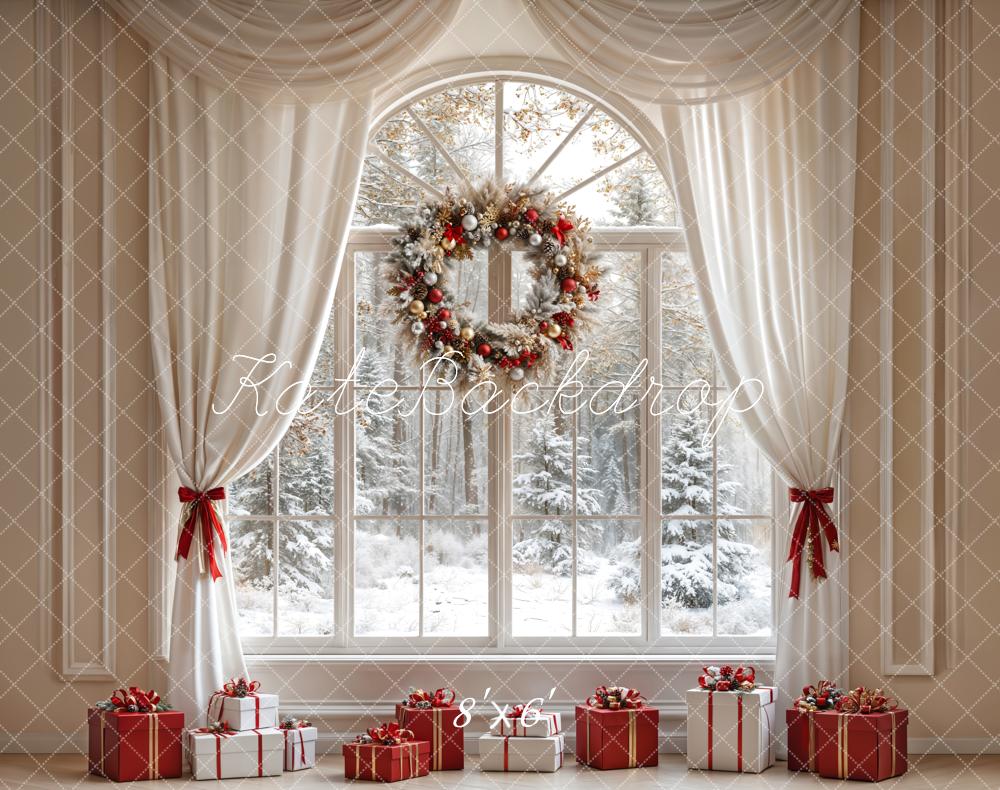 Kate Christmas White Curtain Window Fleece Backdrop Designed by Emetselch -UK