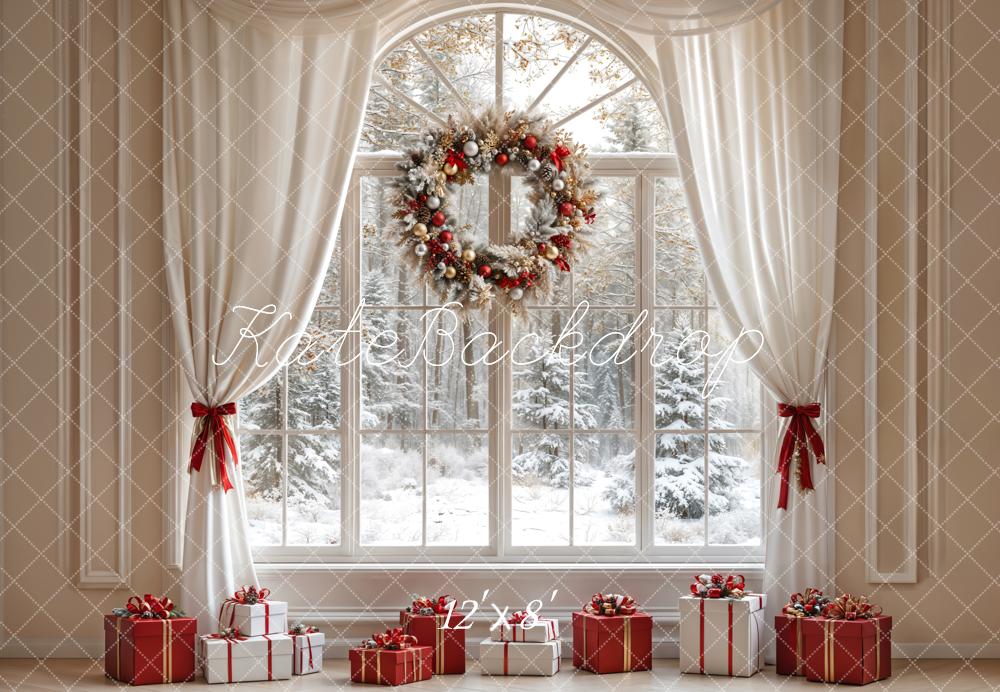 Kate Christmas White Curtain Window Fleece Backdrop Designed by Emetselch -UK