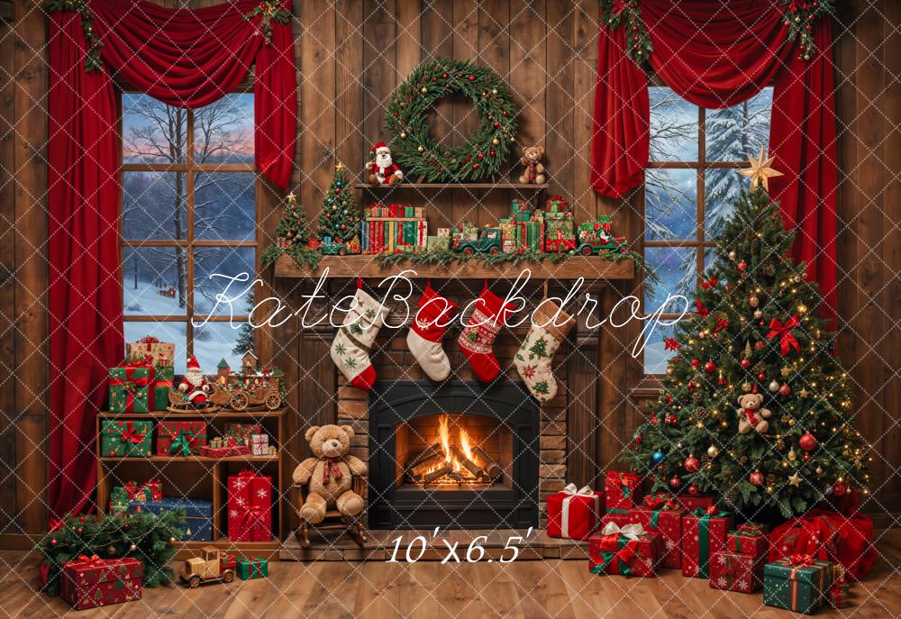 Kate Christmas Tree Fireplace Wooden Fleece Backdrop Designed by Emetselch -UK