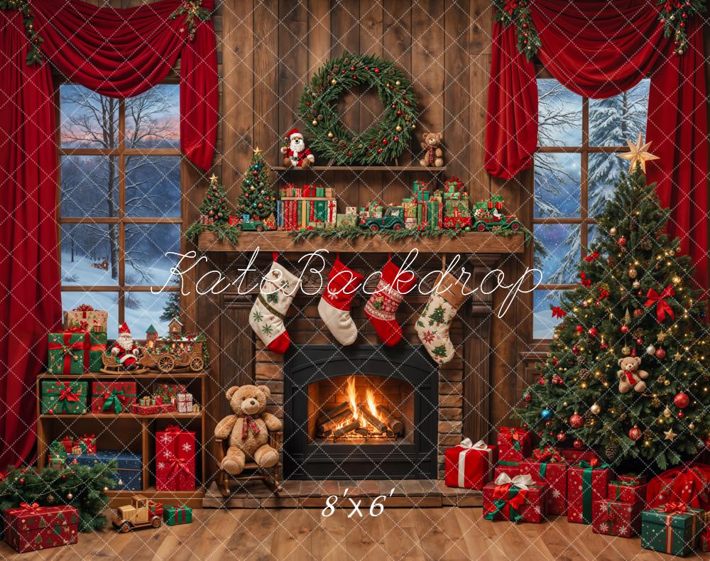 Kate Christmas Tree Fireplace Wooden Fleece Backdrop Designed by Emetselch -UK