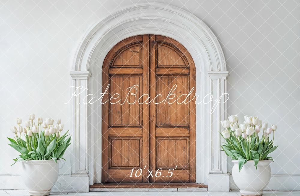 Kate Spring Wooden Arched Door Tulips Fleece Backdrop Designed by Emetselch -UK