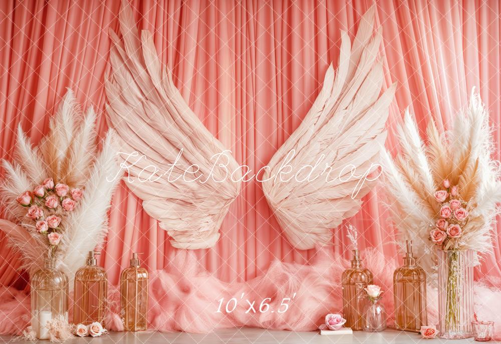 Kate Boho Angel Wings Pink Curtains Fleece Backdrop Designed by Emetselch -UK