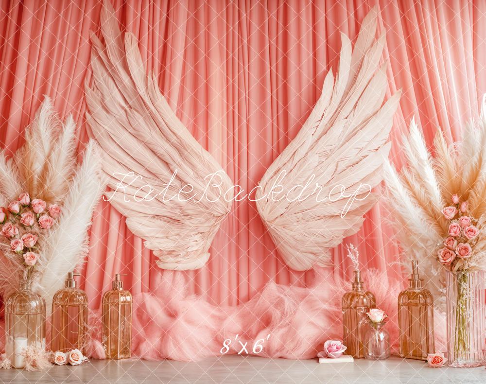 Kate Boho Angel Wings Pink Curtains Fleece Backdrop Designed by Emetselch -UK