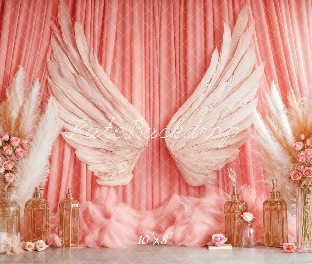 Kate Boho Angel Wings Pink Curtains Fleece Backdrop Designed by Emetselch -UK