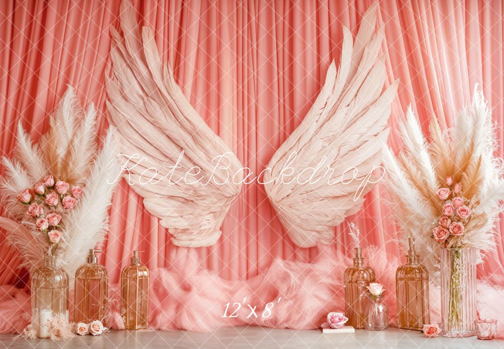 Kate Boho Angel Wings Pink Curtains Fleece Backdrop Designed by Emetselch -UK