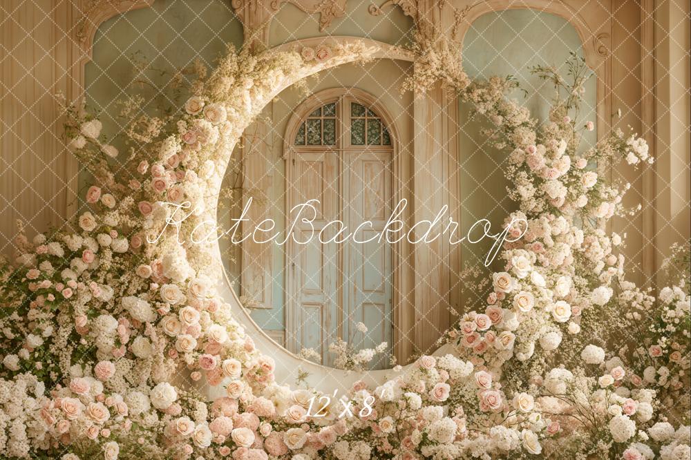 Kate Boho White Floral Moon Wedding Fleece Backdrop Designed by Emetselch -UK