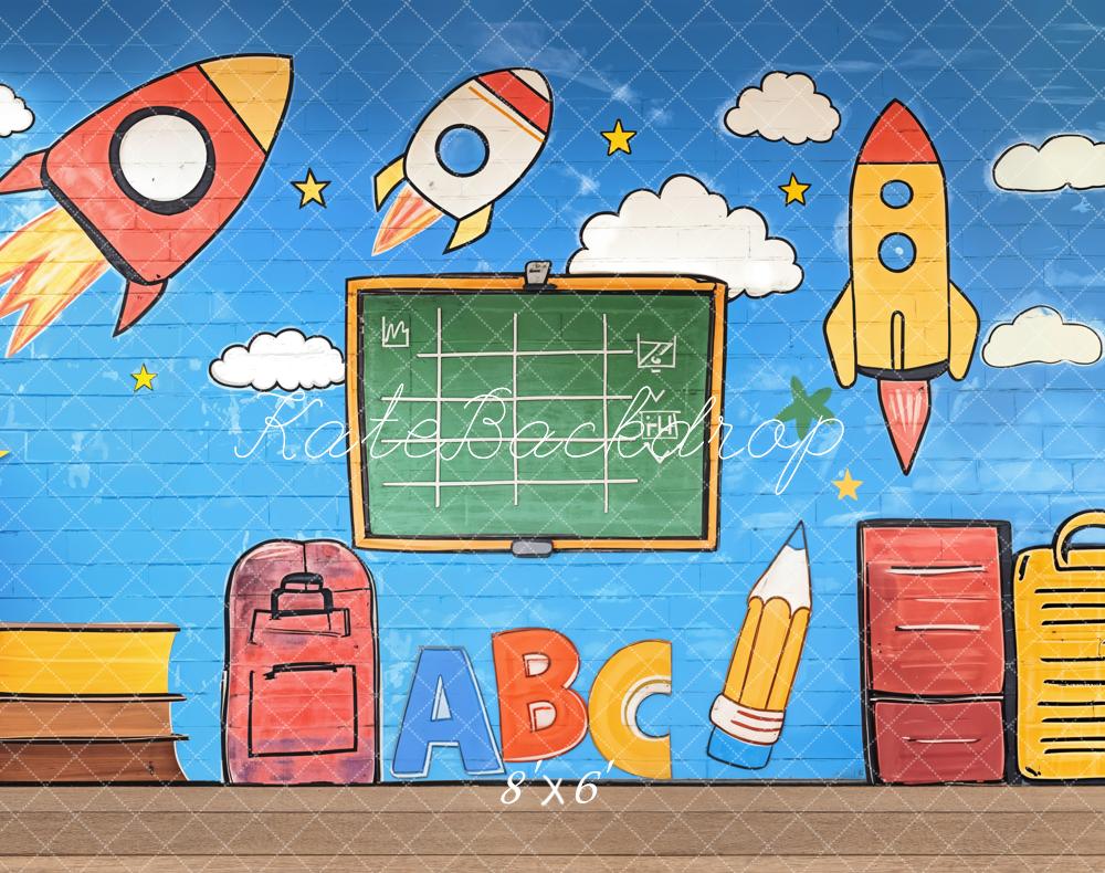 Kate Back to School Graffiti Rockets Blackboard Fleece Backdrop Designed by Emetselch -UK