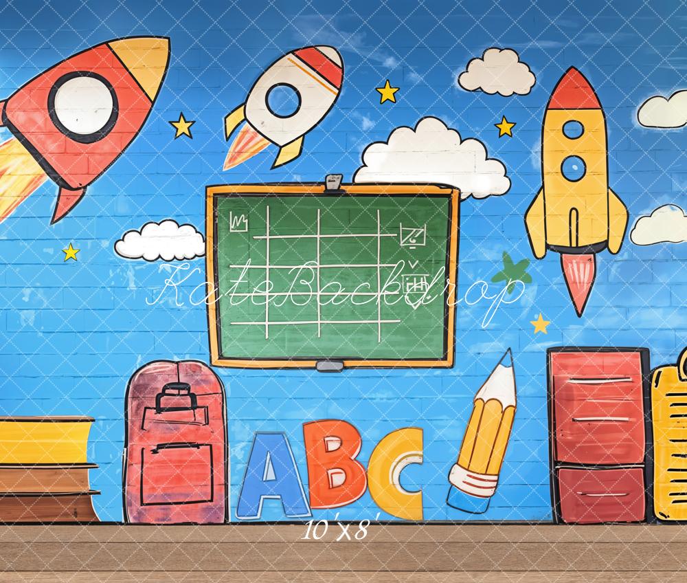 Kate Back to School Graffiti Rockets Blackboard Fleece Backdrop Designed by Emetselch -UK