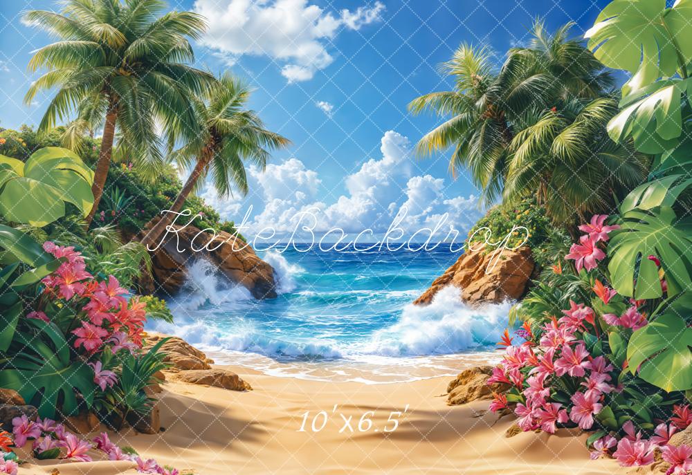 Kate Summer Beach Tropical Paradise Trees Fleece Backdrop Designed by Emetselch -UK