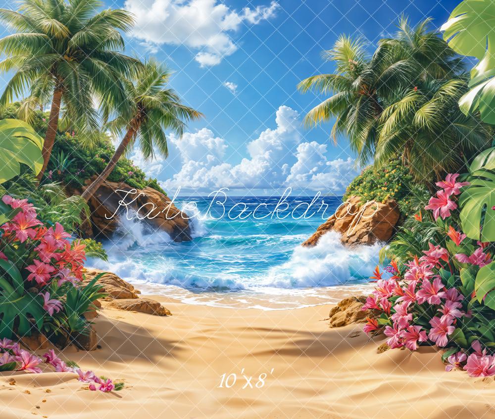 Kate Summer Beach Tropical Paradise Trees Fleece Backdrop Designed by Emetselch -UK