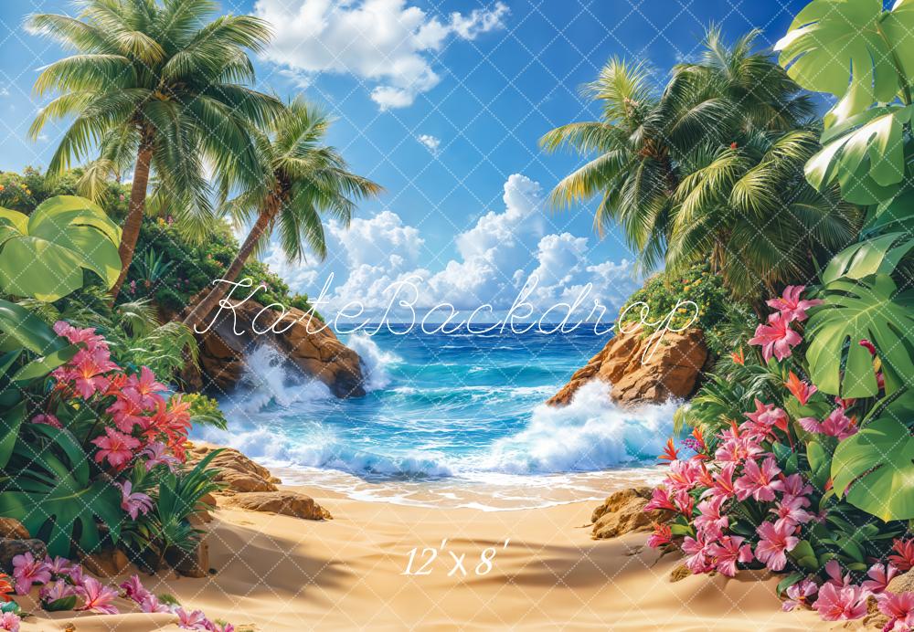 Kate Summer Beach Tropical Paradise Trees Fleece Backdrop Designed by Emetselch -UK
