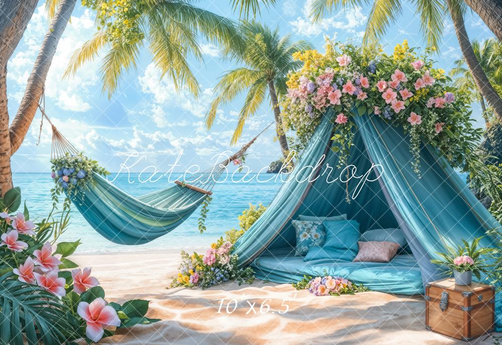 Kate Summer Beach Blue Tent Hammock Fleece Backdrop Designed by Emetselch -UK