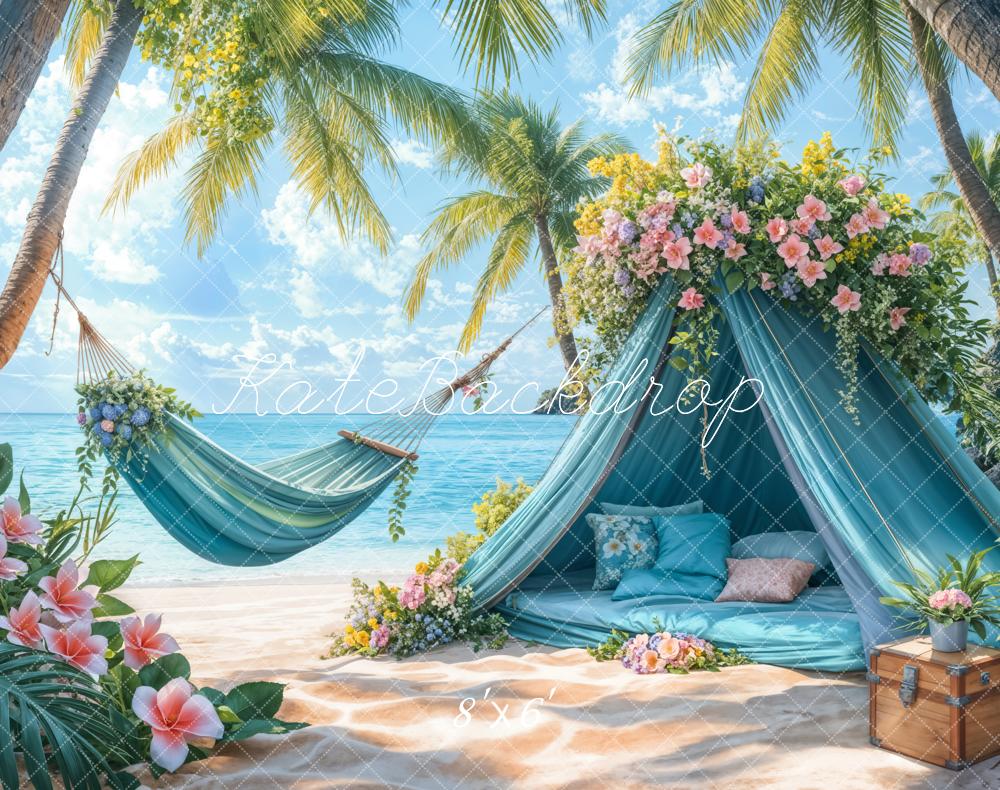 Kate Summer Beach Blue Tent Hammock Fleece Backdrop Designed by Emetselch -UK