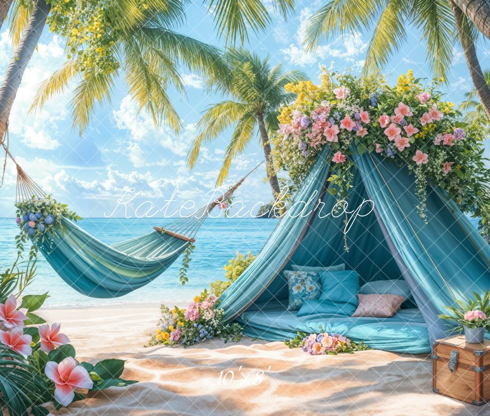Kate Summer Beach Blue Tent Hammock Fleece Backdrop Designed by Emetselch -UK