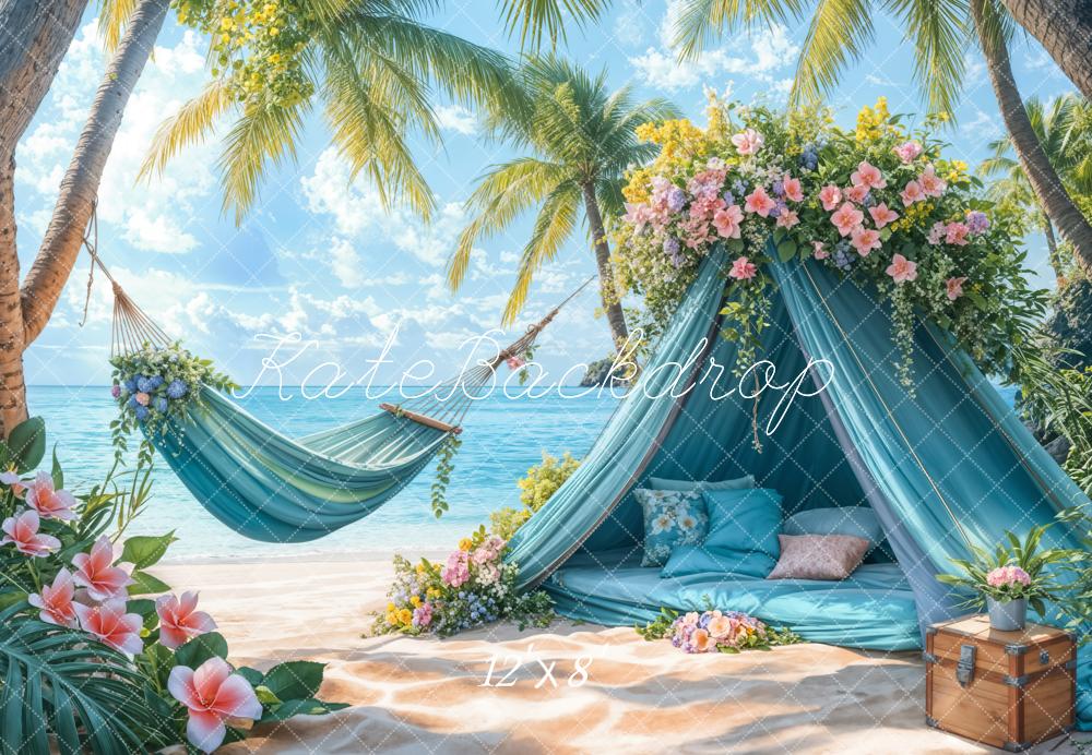 Kate Summer Beach Blue Tent Hammock Fleece Backdrop Designed by Emetselch -UK