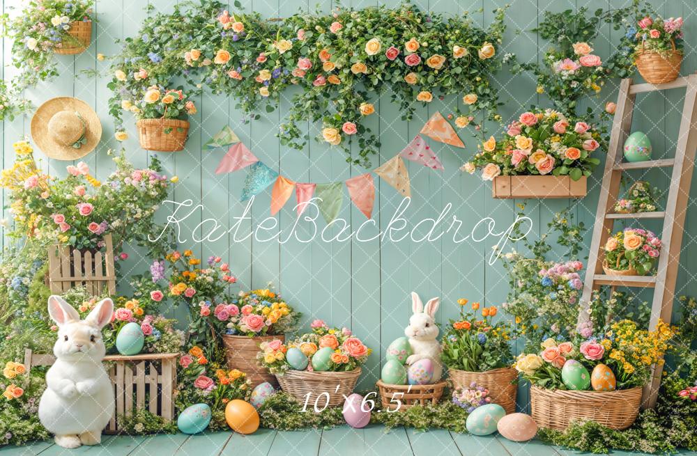 Kate Easter Bunny Floral Eggs Garden Green Fleece Backdrop Designed by Emetselch -UK