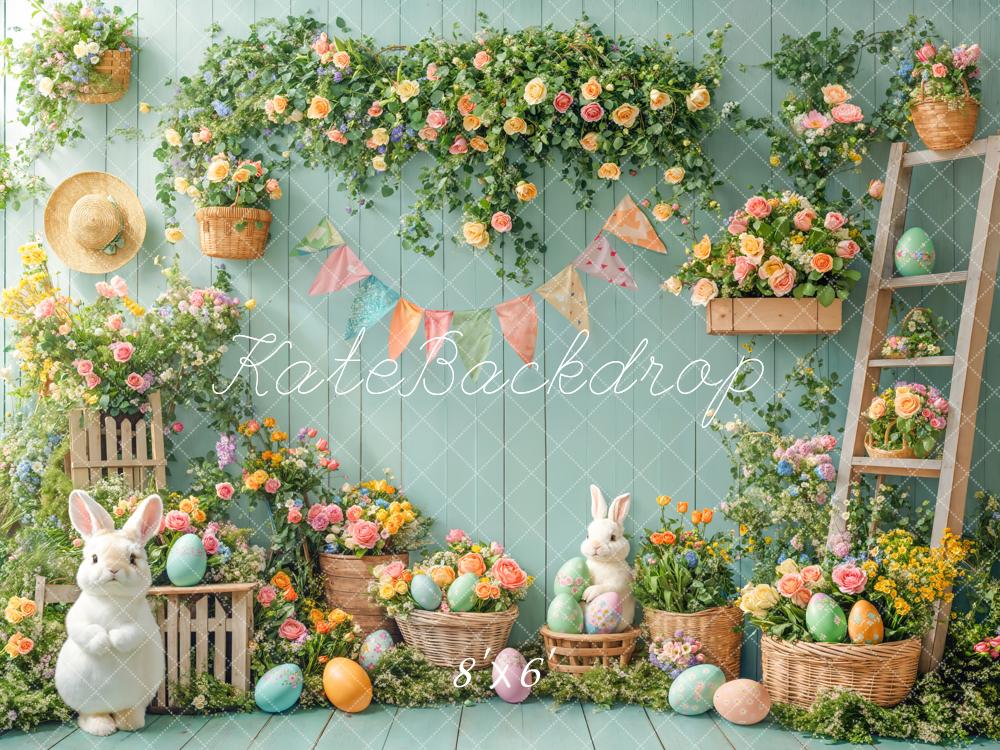 Kate Easter Bunny Floral Eggs Garden Green Fleece Backdrop Designed by Emetselch -UK