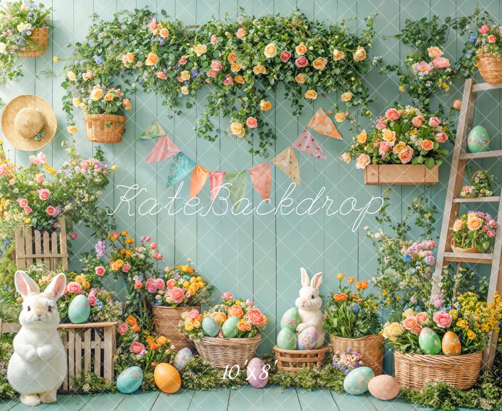 Kate Easter Bunny Floral Eggs Garden Green Fleece Backdrop Designed by Emetselch -UK