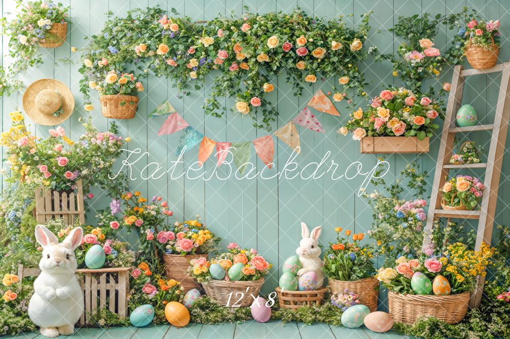 Kate Easter Bunny Floral Eggs Garden Green Fleece Backdrop Designed by Emetselch -UK