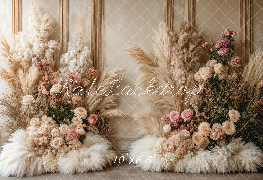 Kate Boho Floral Pampas Grass Fleece Backdrop Designed by Emetselch -UK