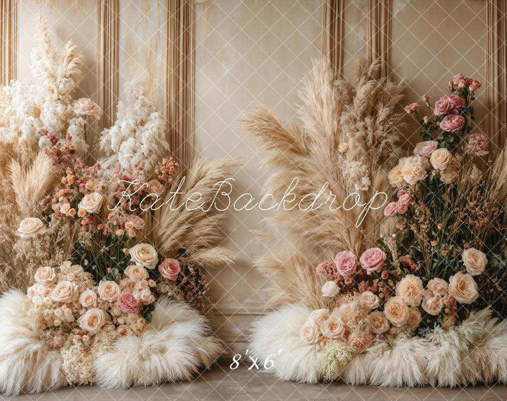 Kate Boho Floral Pampas Grass Fleece Backdrop Designed by Emetselch -UK