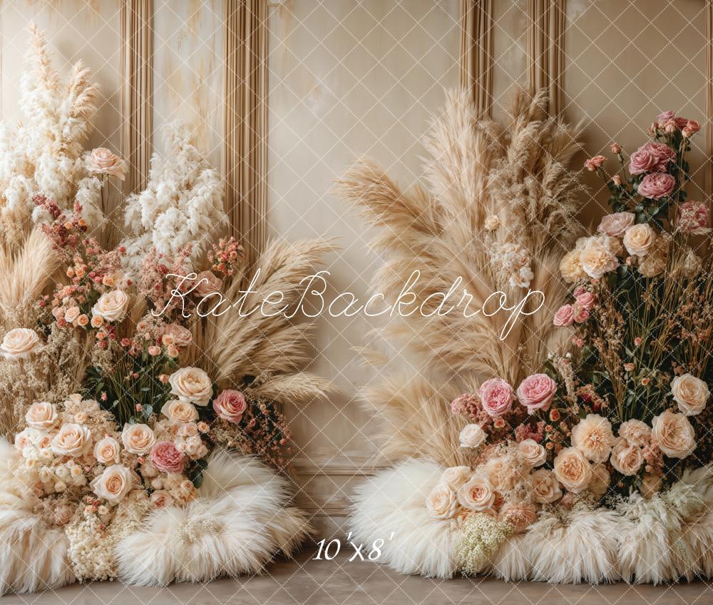 Kate Boho Floral Pampas Grass Fleece Backdrop Designed by Emetselch -UK