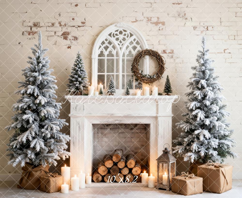 Kate Christmas Fireplace Snowy Trees Candles Fleece Backdrop Designed by Emetselch -UK