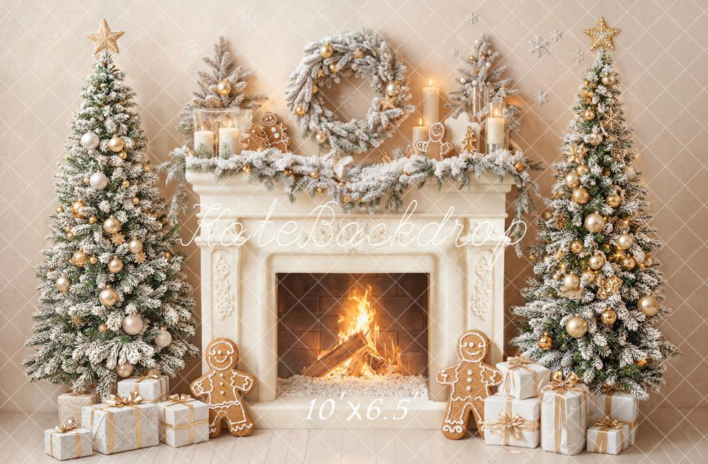 Kate Christmas Fireplace Trees Gingerbread Wreath Fleece Backdrop Designed by Emetselch -UK