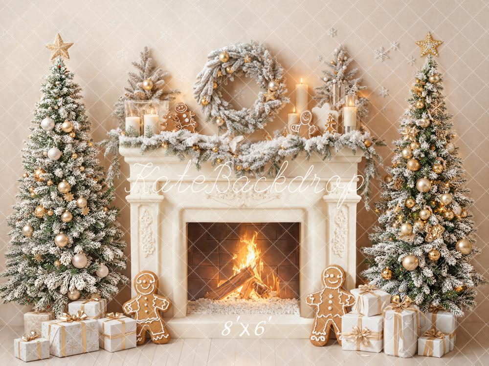 Kate Christmas Fireplace Trees Gingerbread Wreath Fleece Backdrop Designed by Emetselch -UK