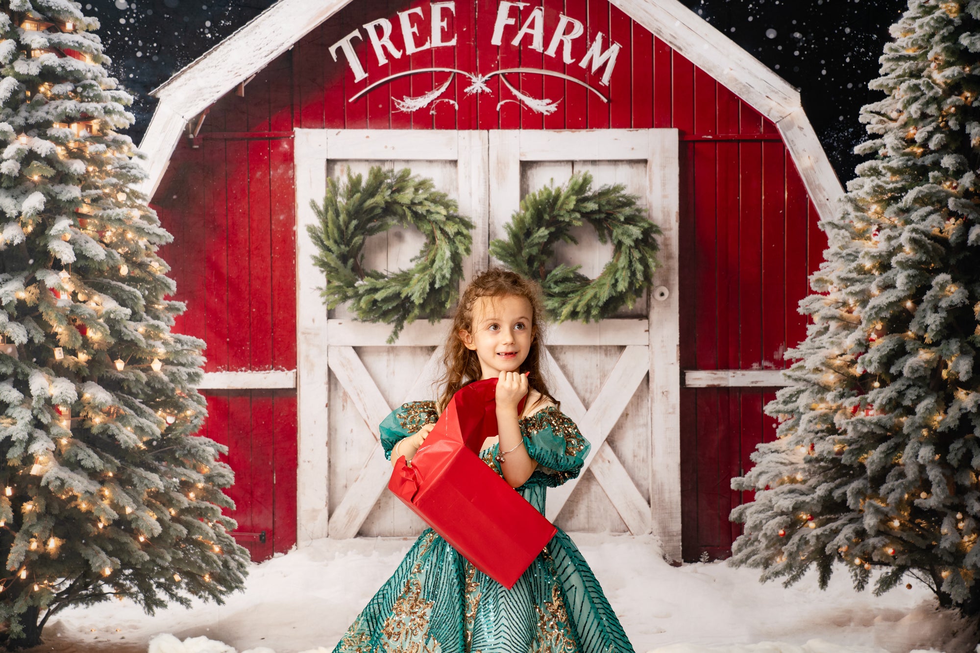 Kate Winter Christmas Tree Farm Red Barn Backdrop Designed by Chain Photography -UK