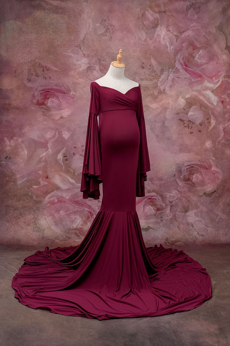 Side view of maroon one-shoulder satin dress