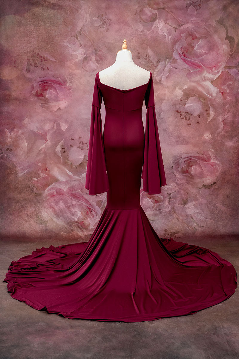 Back view of maroon one-shoulder satin dress