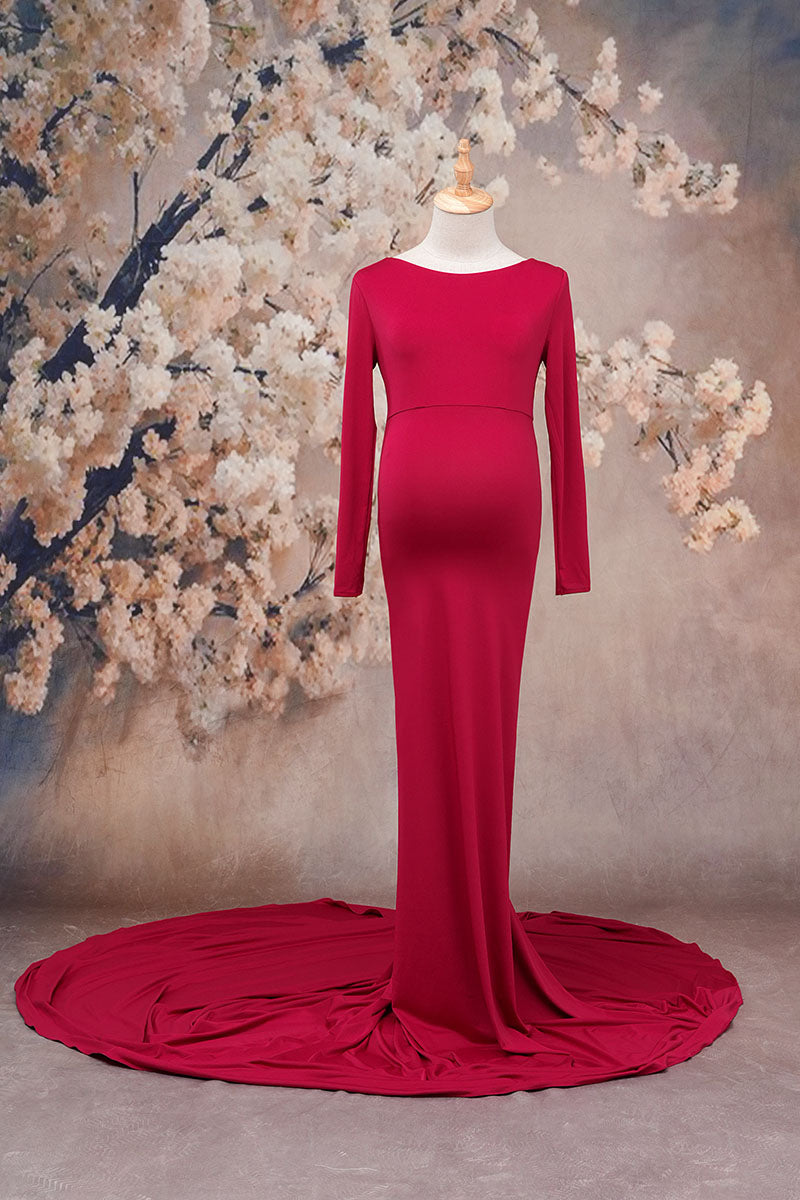 Red long sleeve satin maternity dress front view