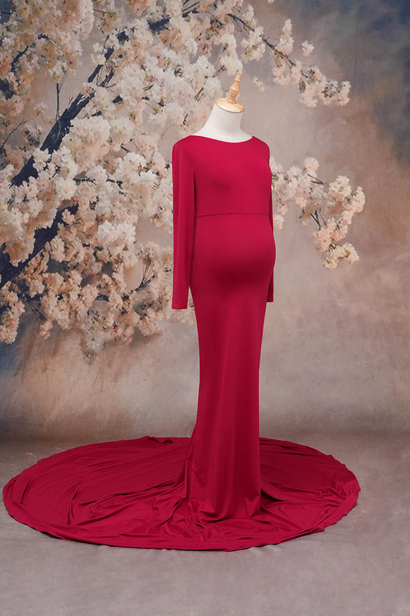 Red long sleeve satin maternity dress side view