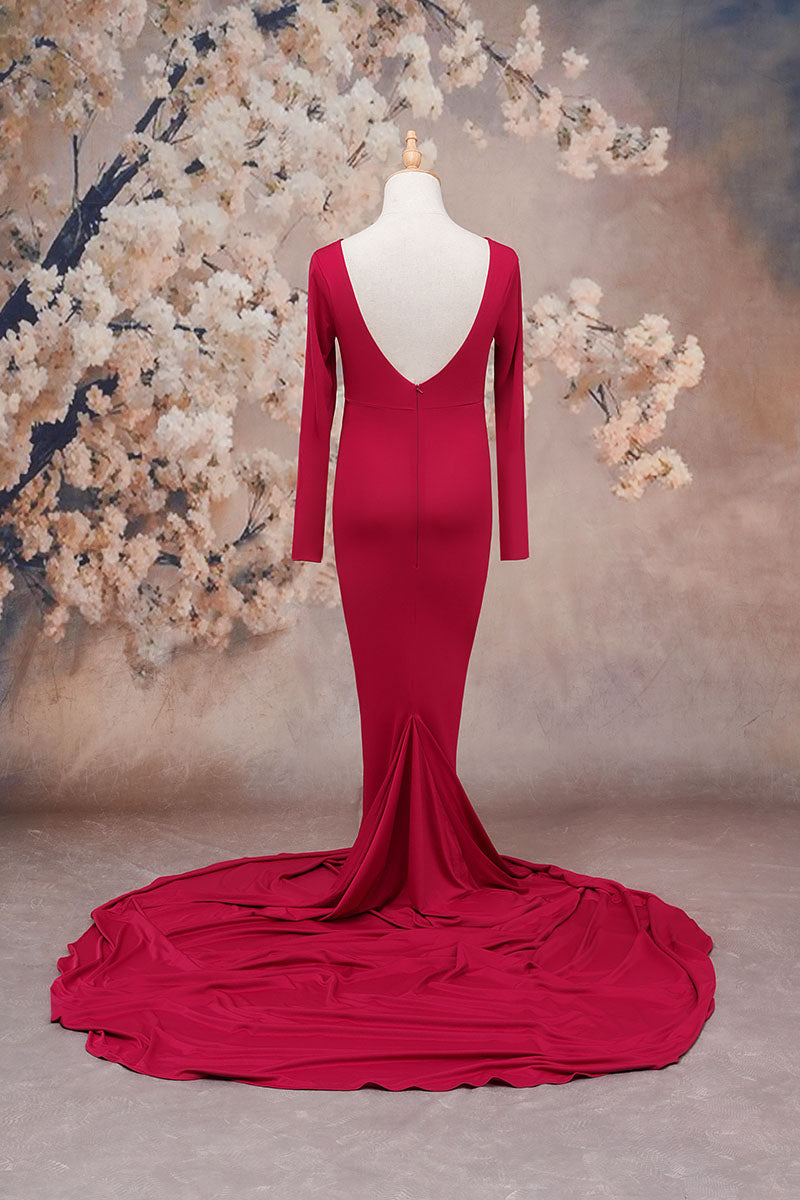 Red long sleeve satin maternity dress back view