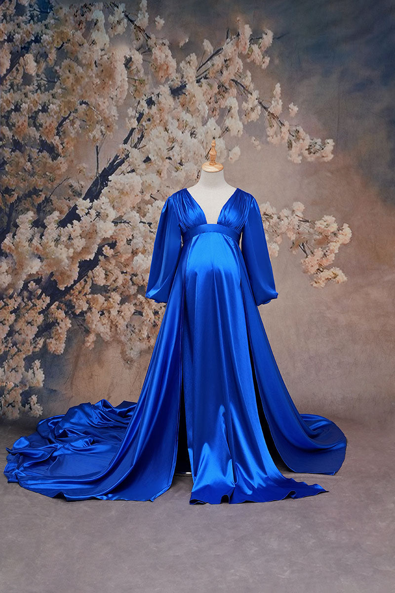 Blue Long Sleeve Satin Maternity Dress Front View