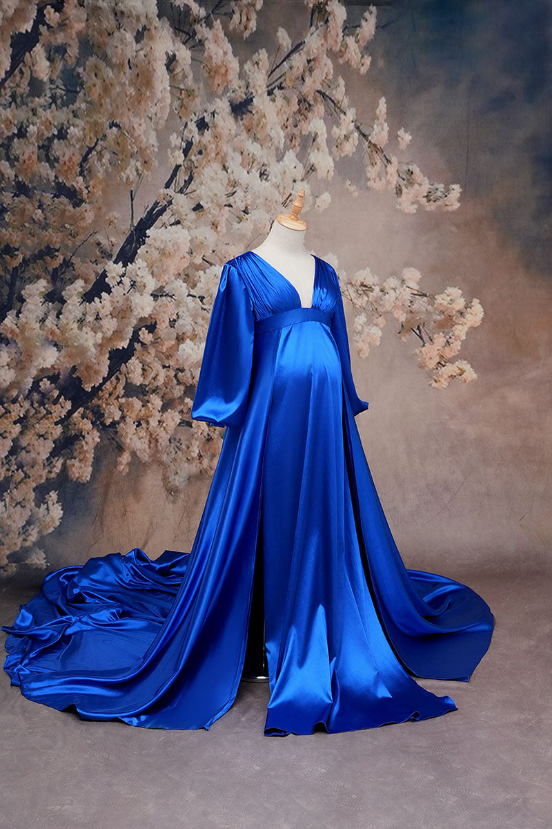 Blue Long Sleeve Satin Maternity Dress Side View