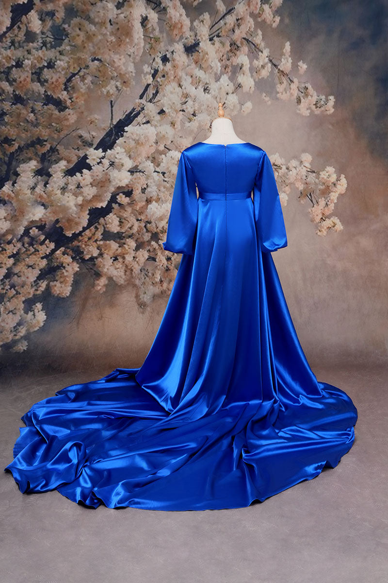 Blue Long Sleeve Satin Maternity Dress Back Photo
