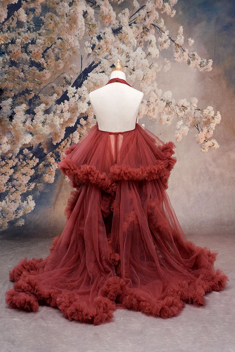 Maroon red one-shoulder mesh maternity dress back shown in front of a floral background