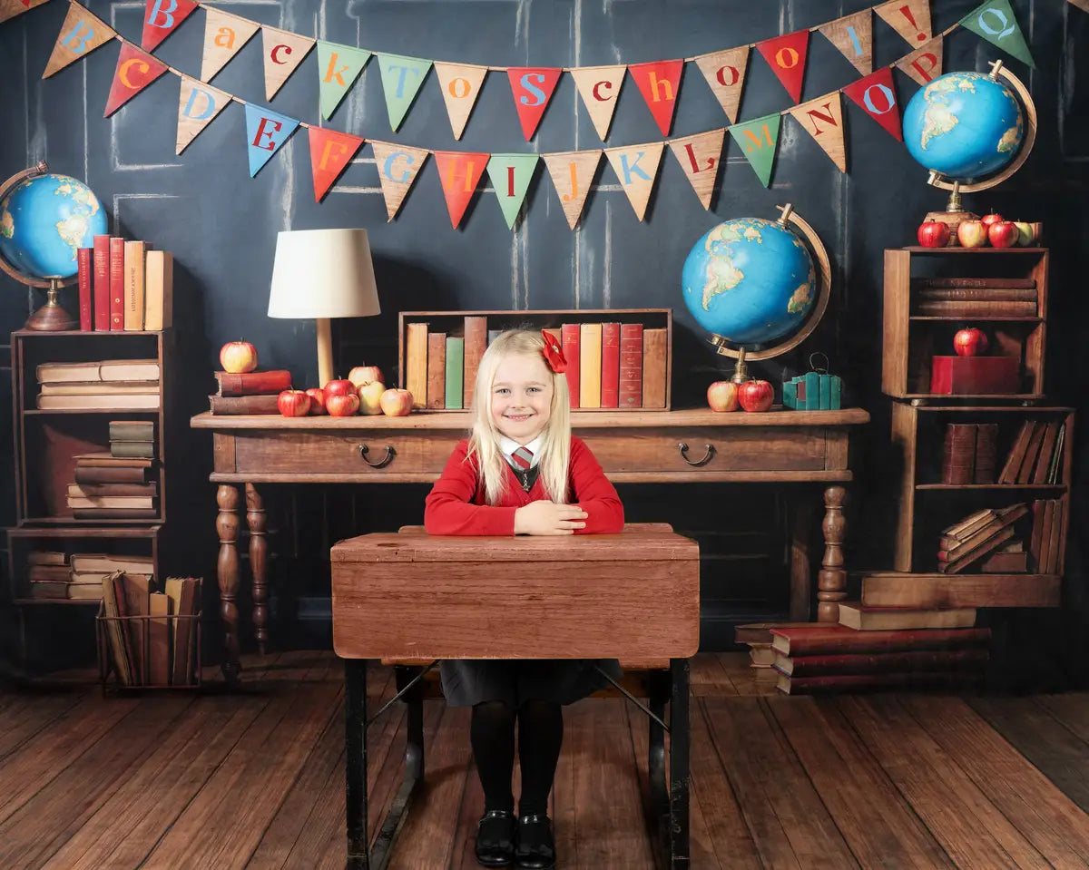 Kate Back to School Globe Books Black Wall Backdrop+Brown Wooden Floor Backdrop -UK