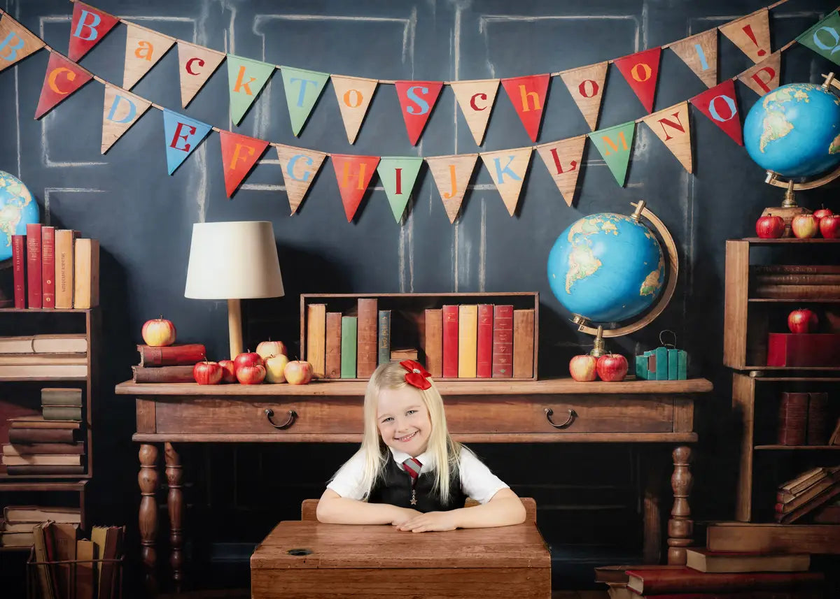 Kate Back to School Globe Books Black Wall Backdrop+Brown Wooden Floor Backdrop -UK