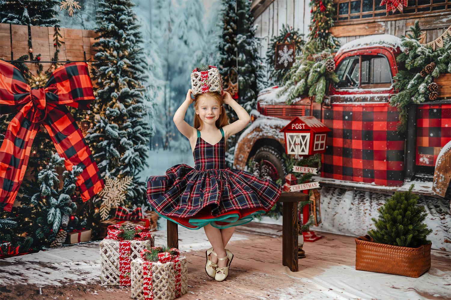 Kate Christmas Red Plaid Truck Cabin Snow Room Set