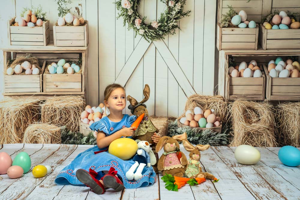 Kate Easter Floral Egg Farmhouse Backdrop+White Retro Wood Floor Backdrop -UK