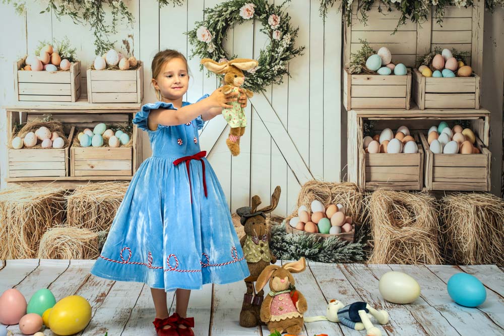 Kate Easter Floral Egg Farmhouse Backdrop+White Retro Wood Floor Backdrop -UK
