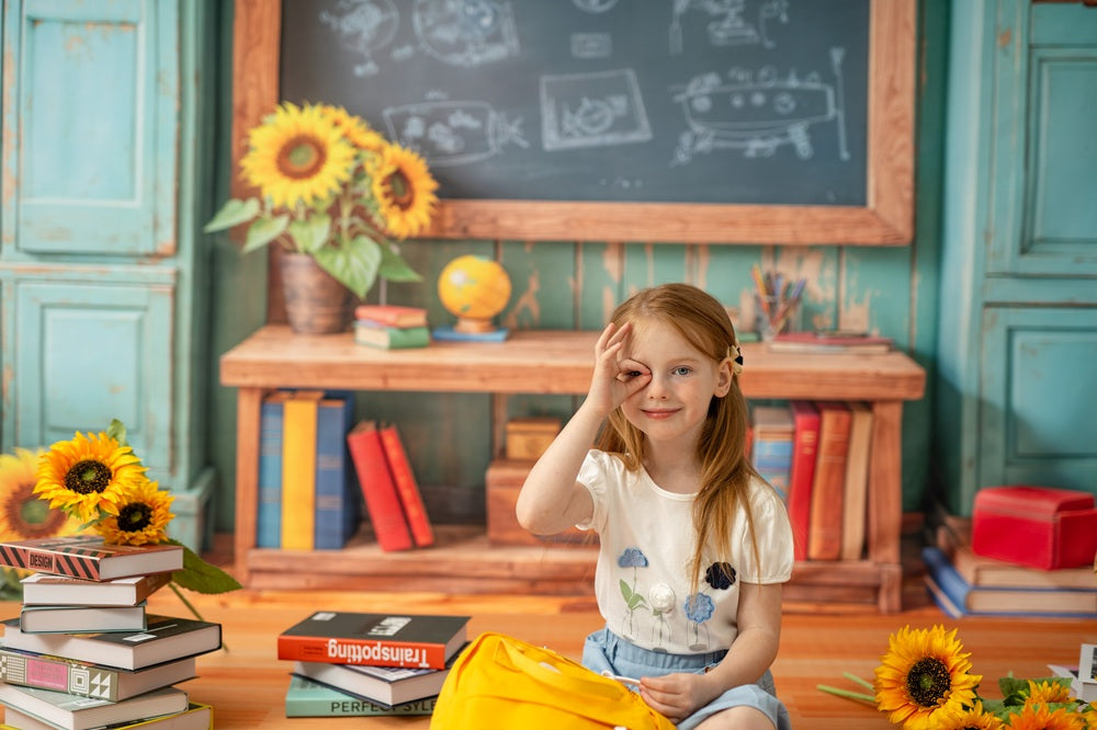 Kate Back to School Chalkboard Blue Backdrop Designed by Emetselch